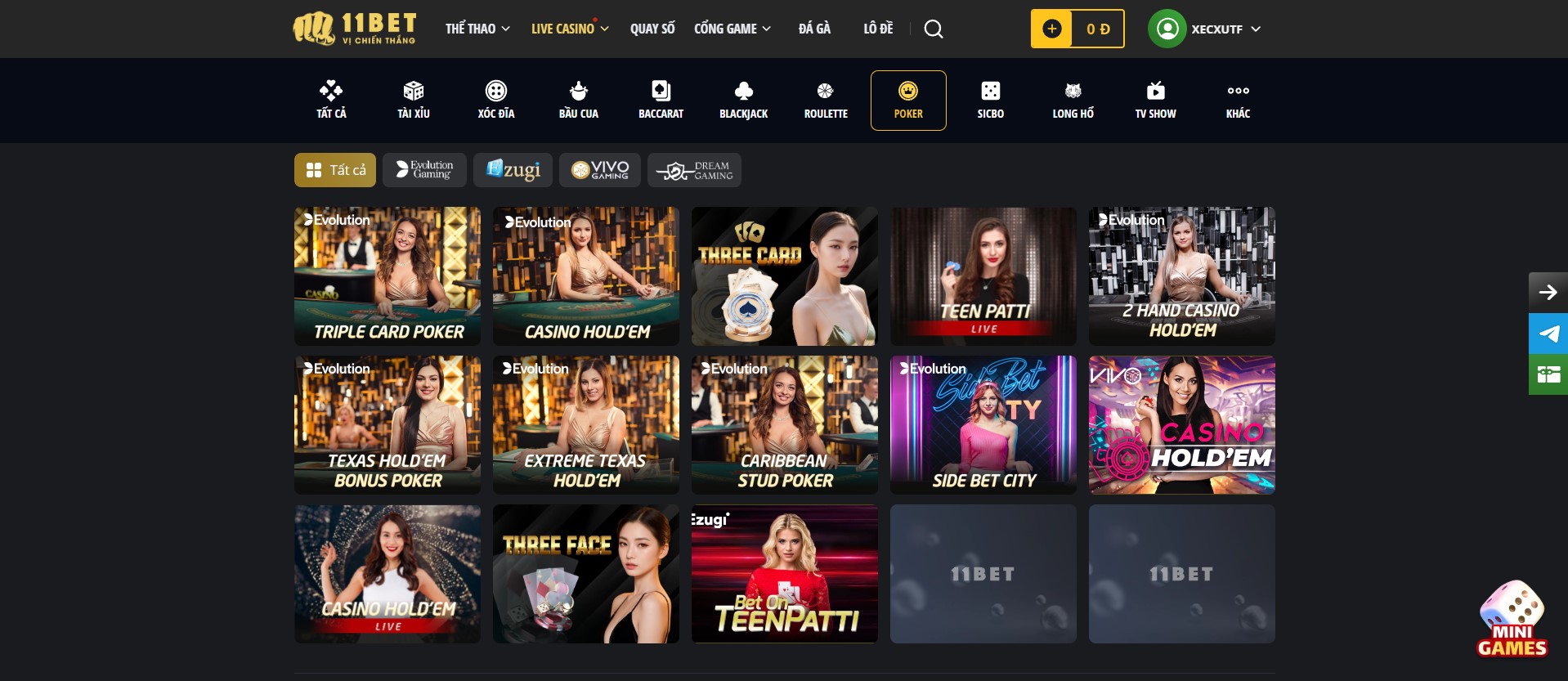 Giao diện sảnh Poker 11Bet